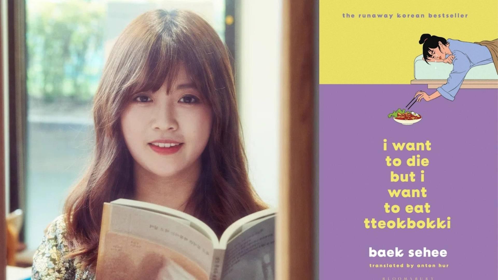 Baek Se-hee e la copertina inglese del suo libro "I want to die but I want to eat Teokbokki"