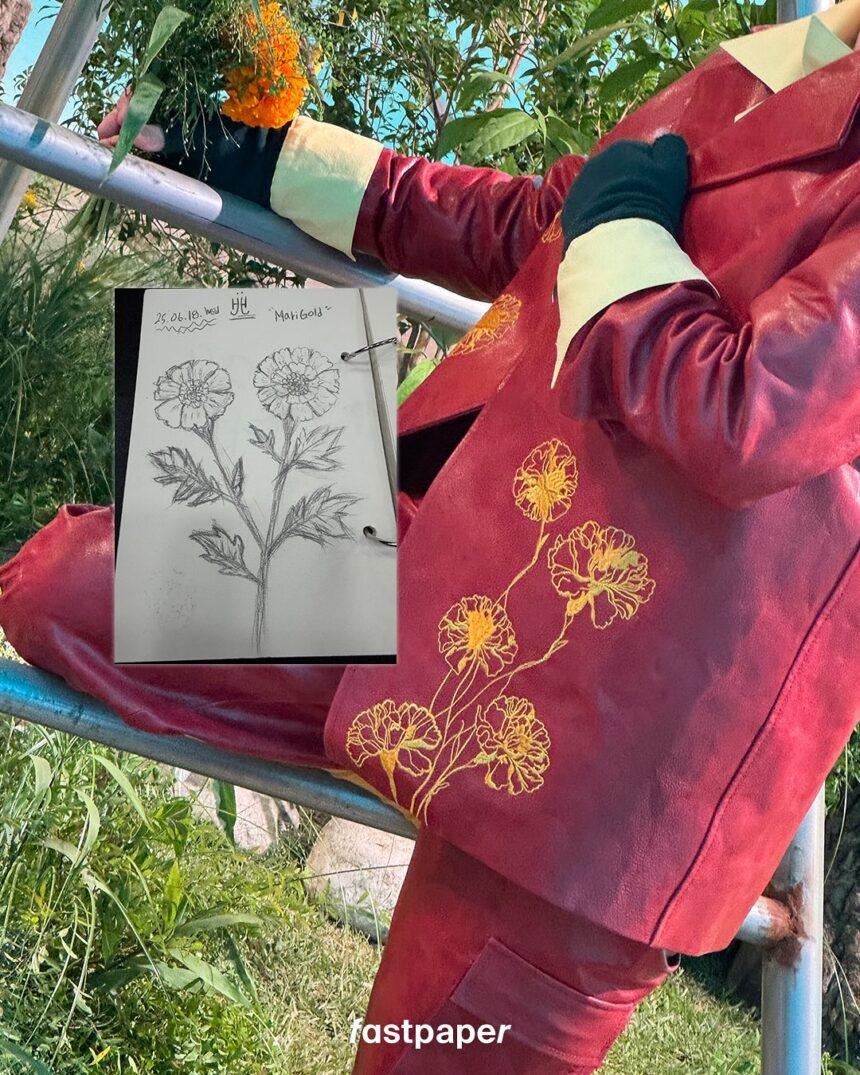 Detail of the Marigold embroidery and the sketch drawn by Hongjoong - Credits to Fast Paper
