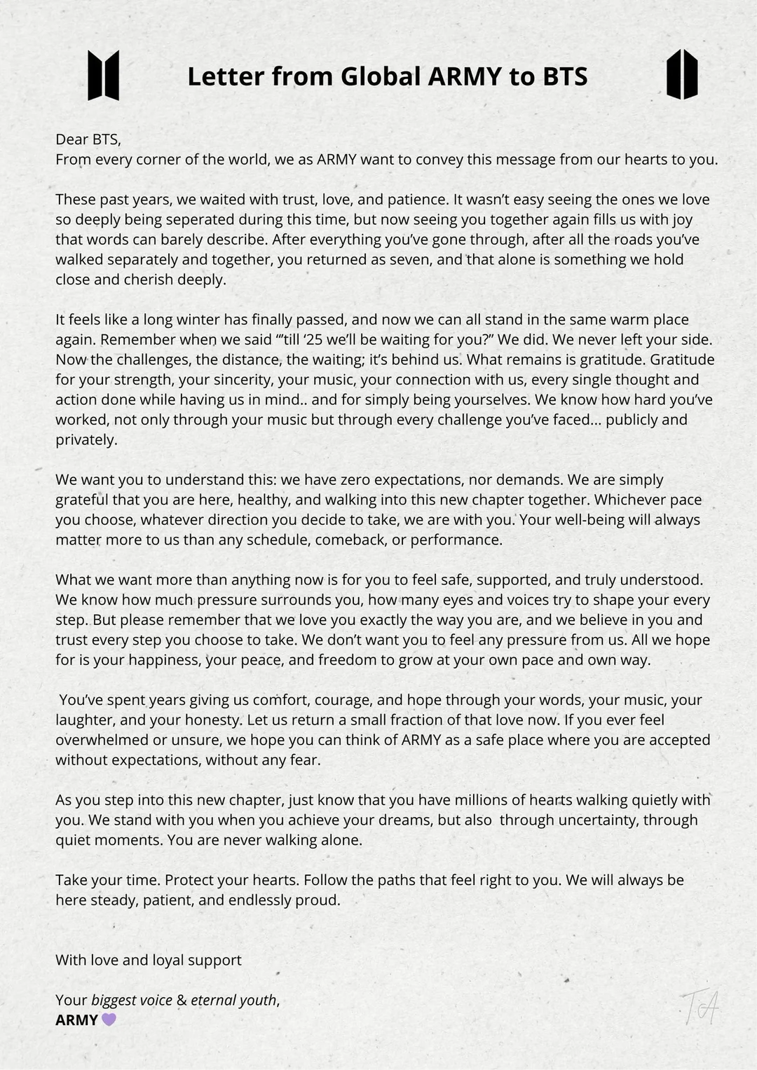 Letter from global ARMY to BTS - 6 dicembre 2025